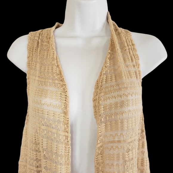 STUDIO JPR Knit Crochet Light Tan Open Cardigan Sweater Womens L EUC Boho Fringe - Picture 2 of 13